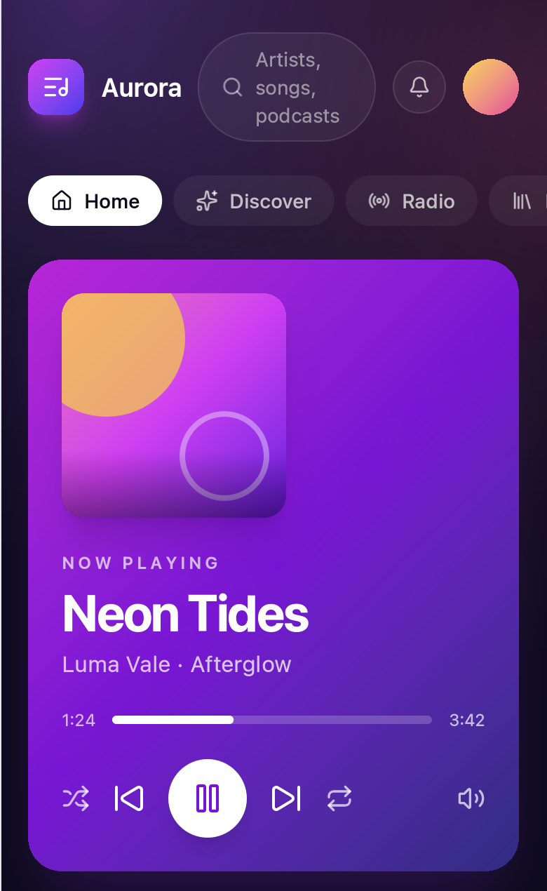 The Aurora music app at phone width