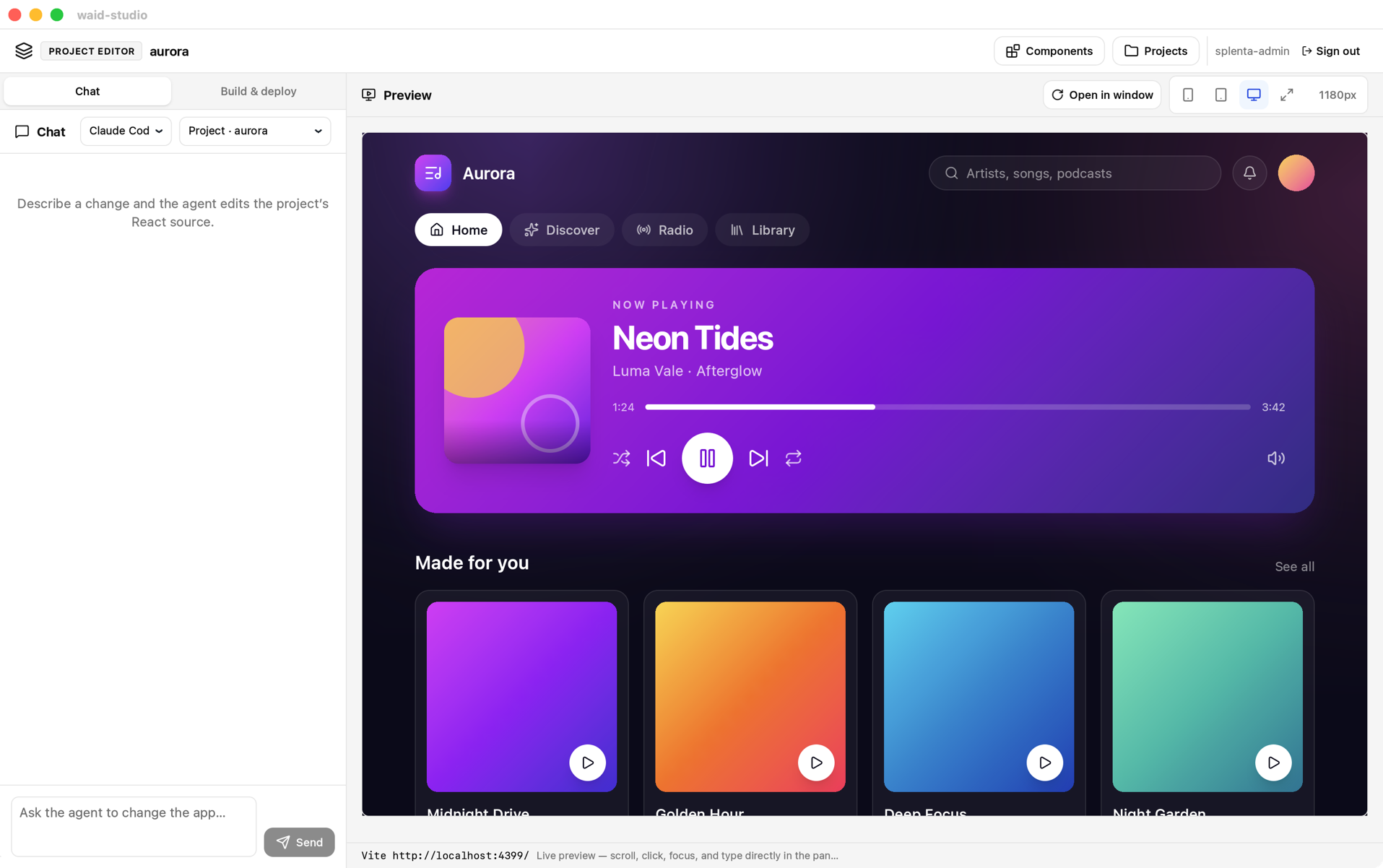 waid-studio: an agent chat on the left, a live preview of the app being built on the right